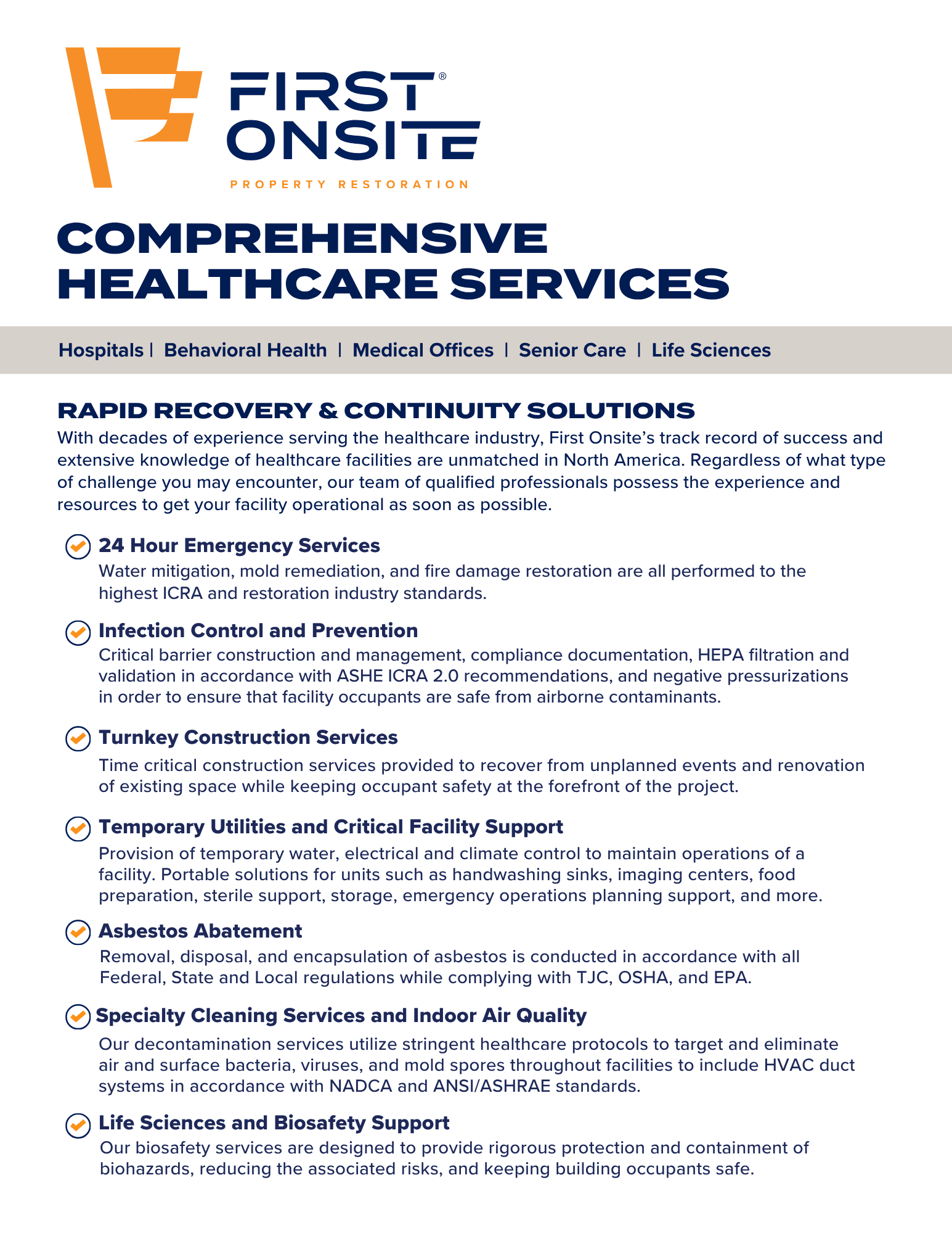 Healthcare Services brochure overviewing emergency restoration services for healthcare facilities like hospitals, urgent cares and more
